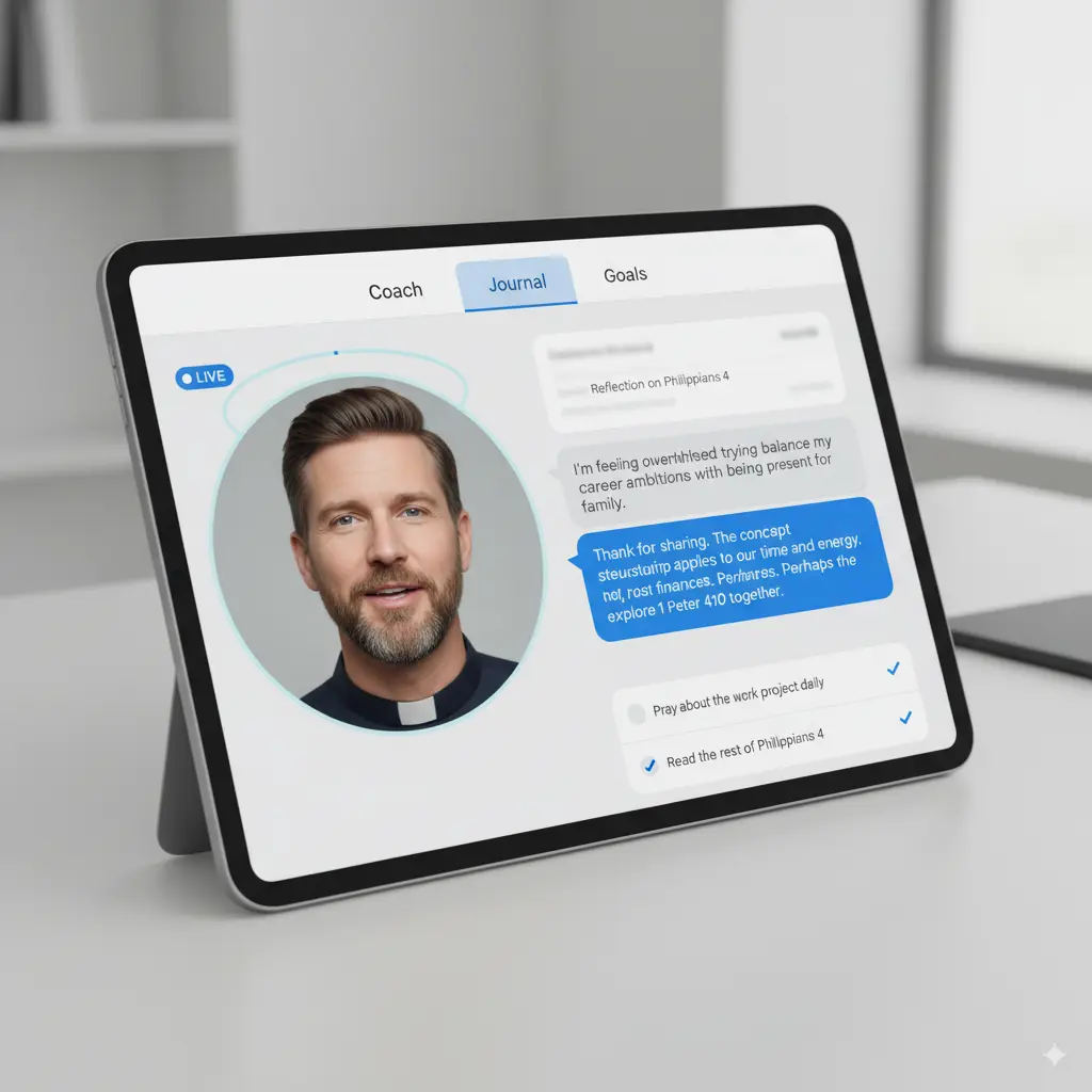Mockup of the Fetch My AI interface showing an AI avatar and a conversation.